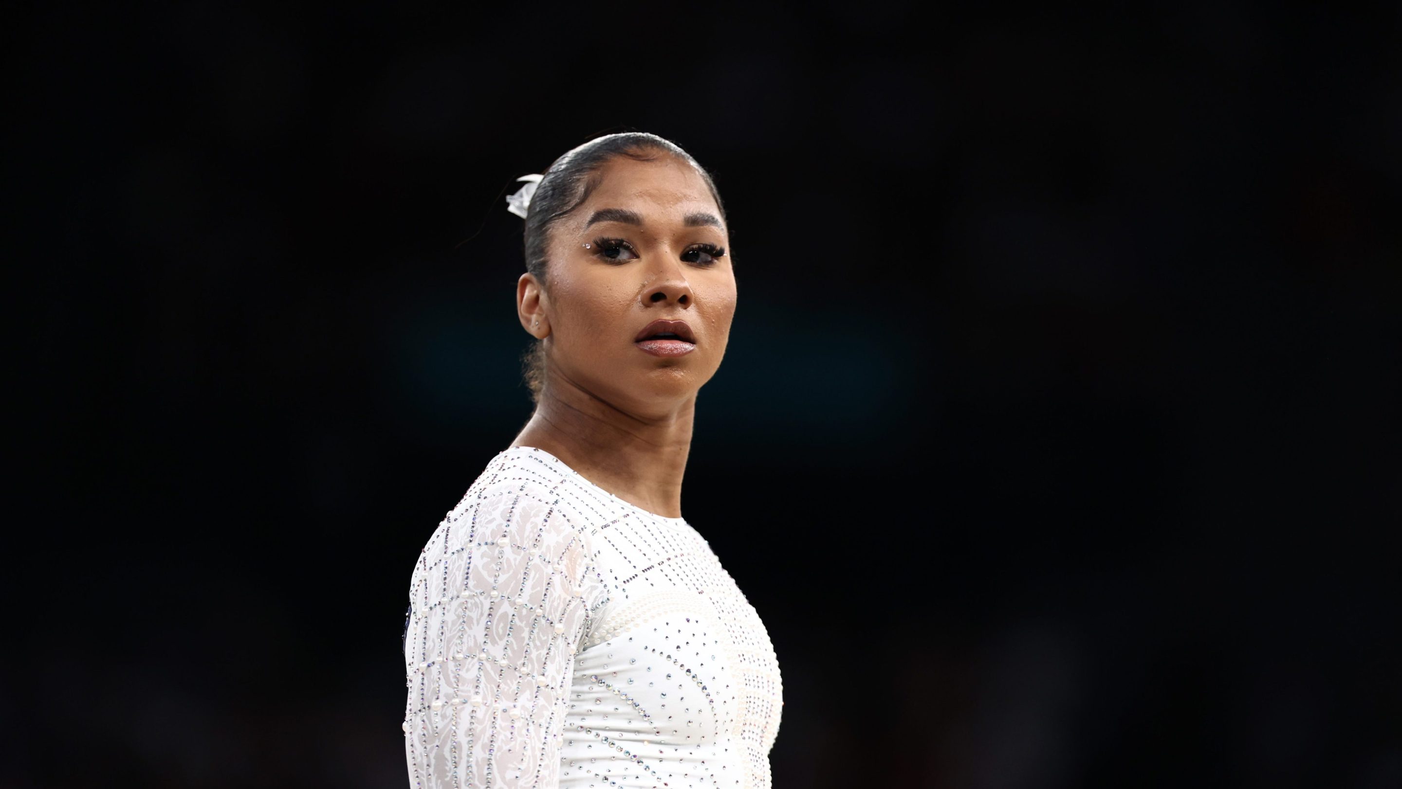 Jordan Chiles of Team United States is seen prior to competing in the Artistic Gymnastics Women's Floor Exercise Final on day ten of the Olympic Games Paris 2024 at Bercy Arena on August 05, 2024 in Paris, France.