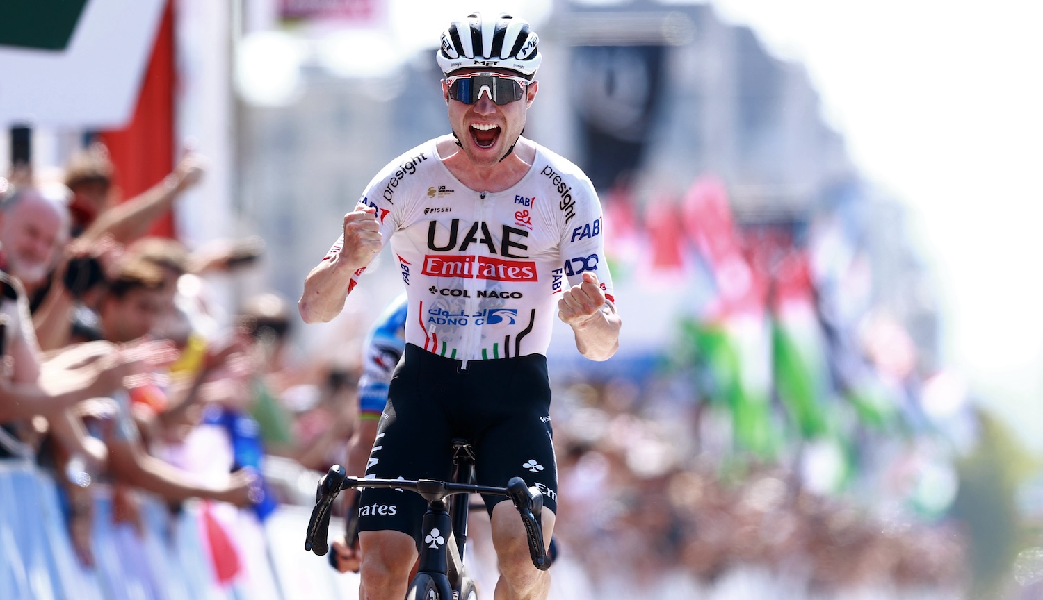 SAN SEBASTIAN, SPAIN - AUGUST 10: Marc Hirschi of Switzerland and UAE Team Emirates celebrates at finish line as race winner during the 44th Donostia San Sebastian Klasikoa 2024 a 236km one day race from San Sebastian to San Sebastian / #UCIWT / on August 10, 2024 in San Sebastian, Spain. (Photo by Gonzalo Arroyo Moreno/Getty Images)