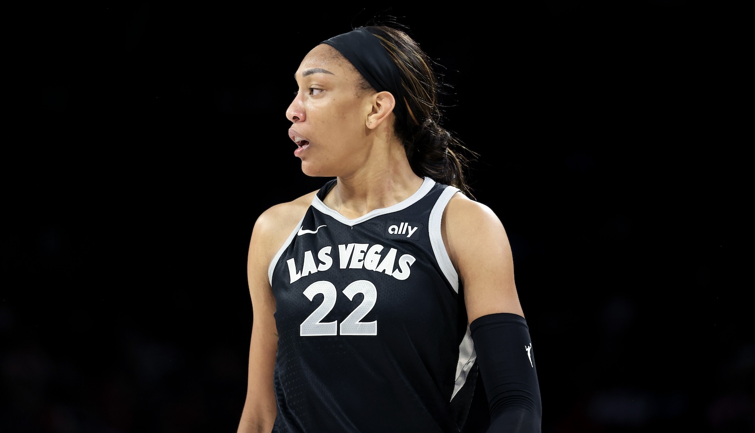 LAS VEGAS, NEVADA - AUGUST 21: A'ja Wilson #22 of the Las Vegas Aces reacts after being called for a foul against the Minnesota Lynx in the second quarter of their game at Michelob ULTRA Arena on August 21, 2024 in Las Vegas, Nevada. NOTE TO USER: User expressly acknowledges and agrees that, by downloading and or using this photograph, User is consenting to the terms and conditions of the Getty Images License Agreement. (Photo by Ian Maule/Getty Images)