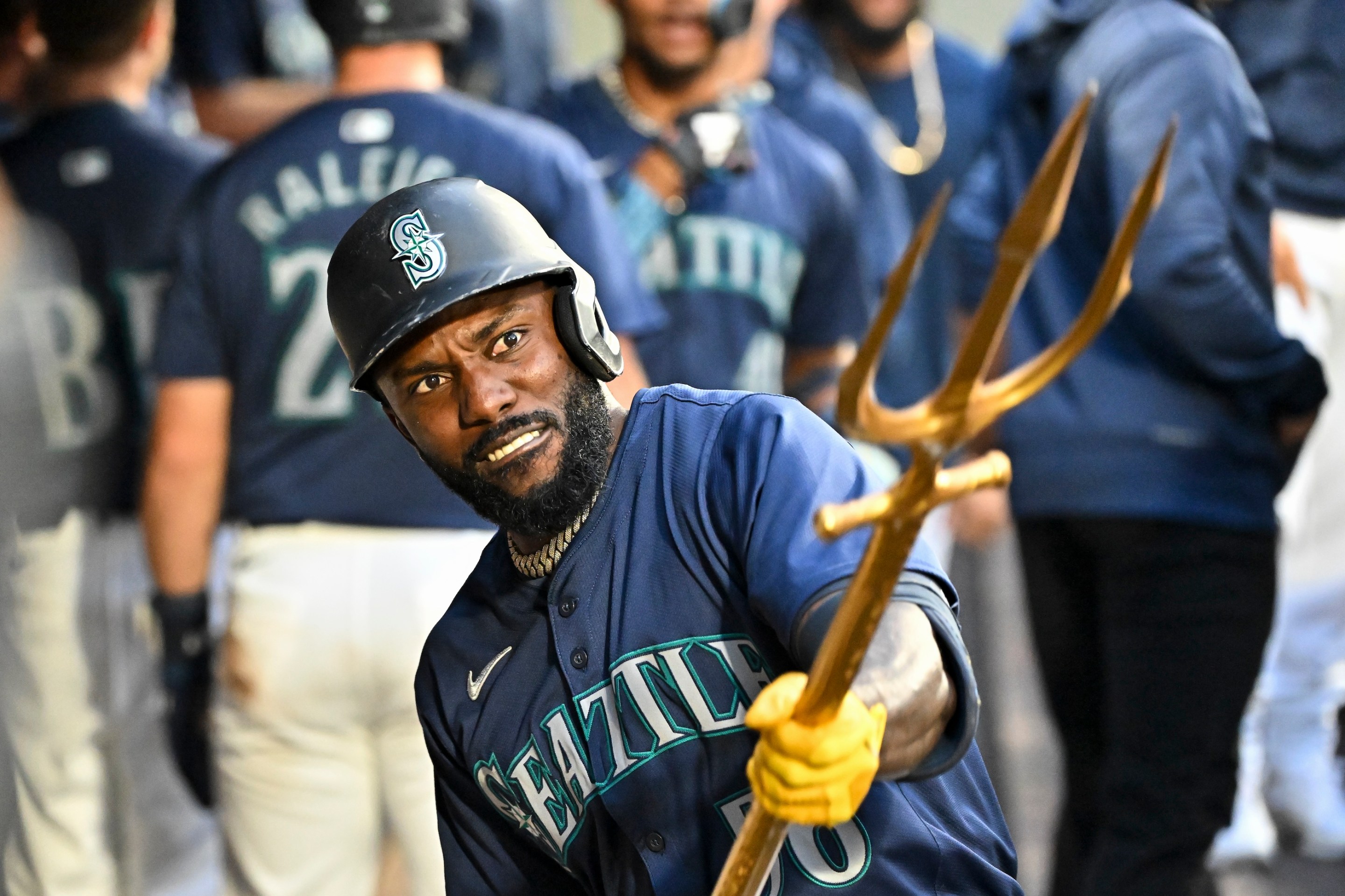 Randy Arozarena celebrates with teammates after hitting a three-run home run during the third inning against the Tampa Bay Rays at T-Mobile Park on August 26, 2024 in Seattle, Washington.