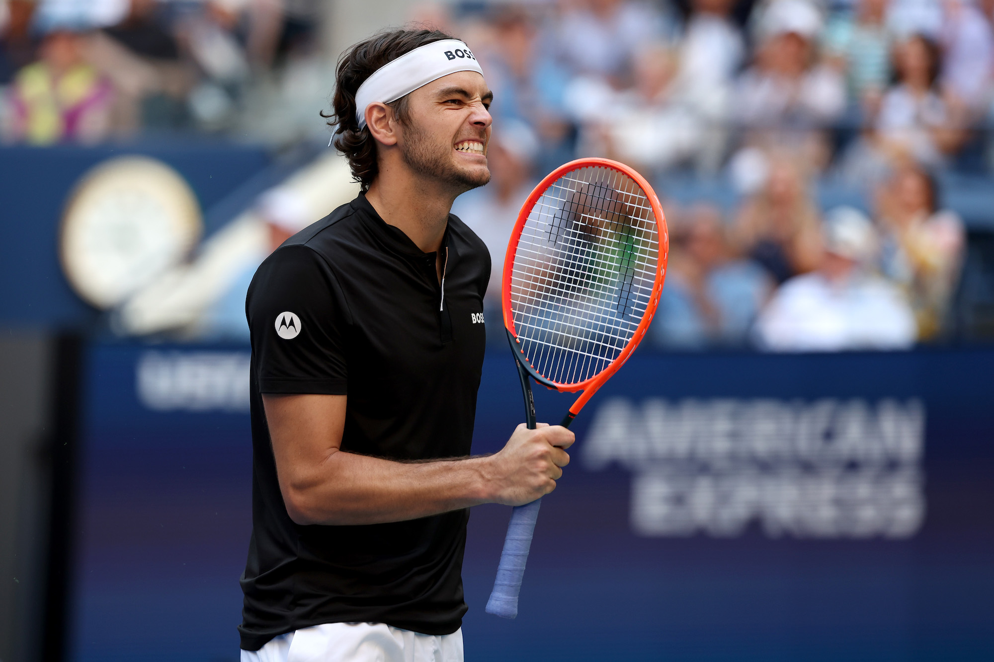 Taylor Fritz of the United States celebrates a point against Alexander Zverev of Germany during their Men's Singles Quarterfinal match on Day Nine of the 2024 US Open at USTA Billie Jean King National Tennis Center on September 03, 2024 in the Flushing neighborhood of the Queens borough of New York City. (Photo by Al Bello/Getty Images)