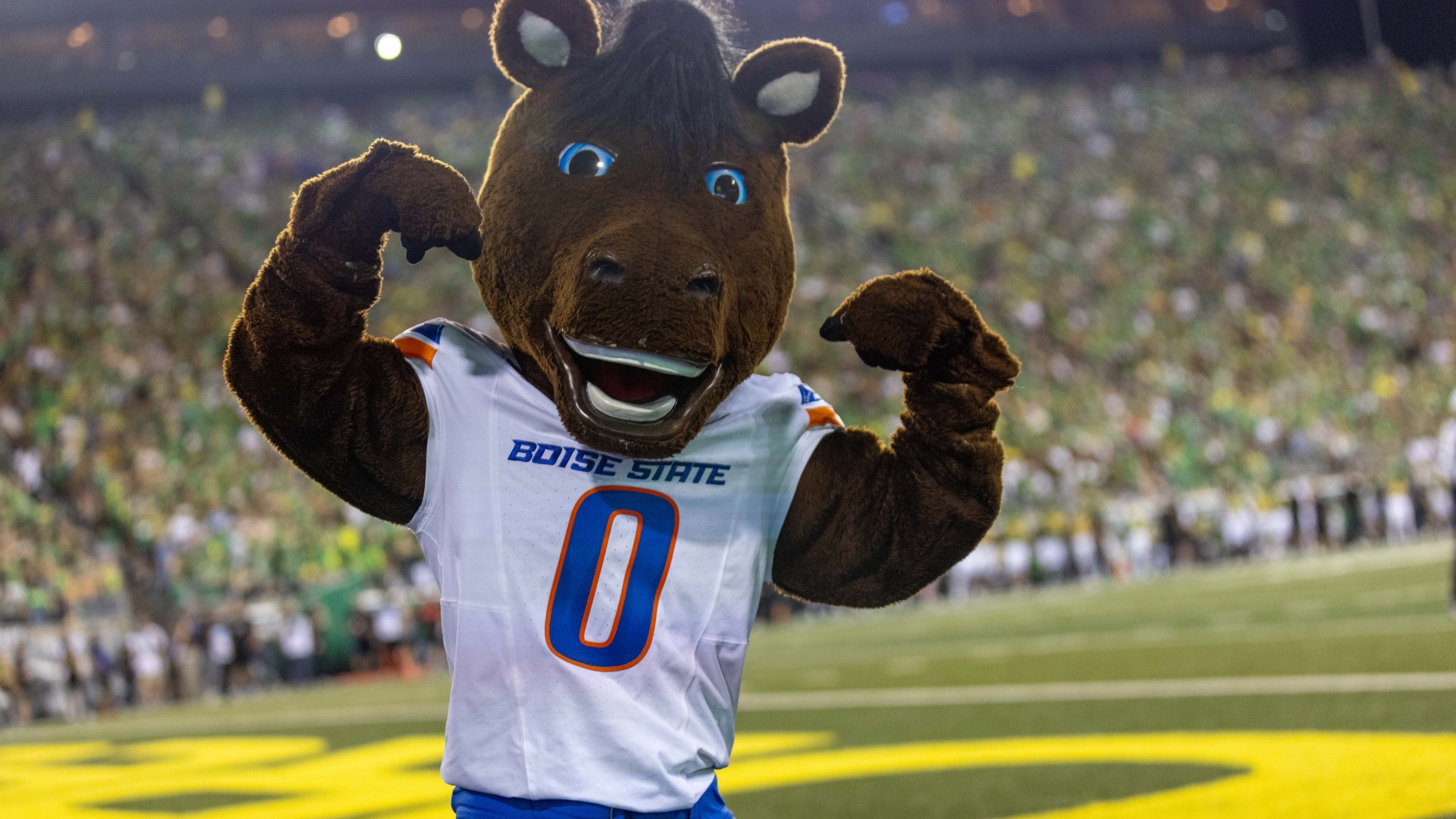 Buster the Boise State Broncos mascot cheers against the Oregon Ducks at Autzen Stadium