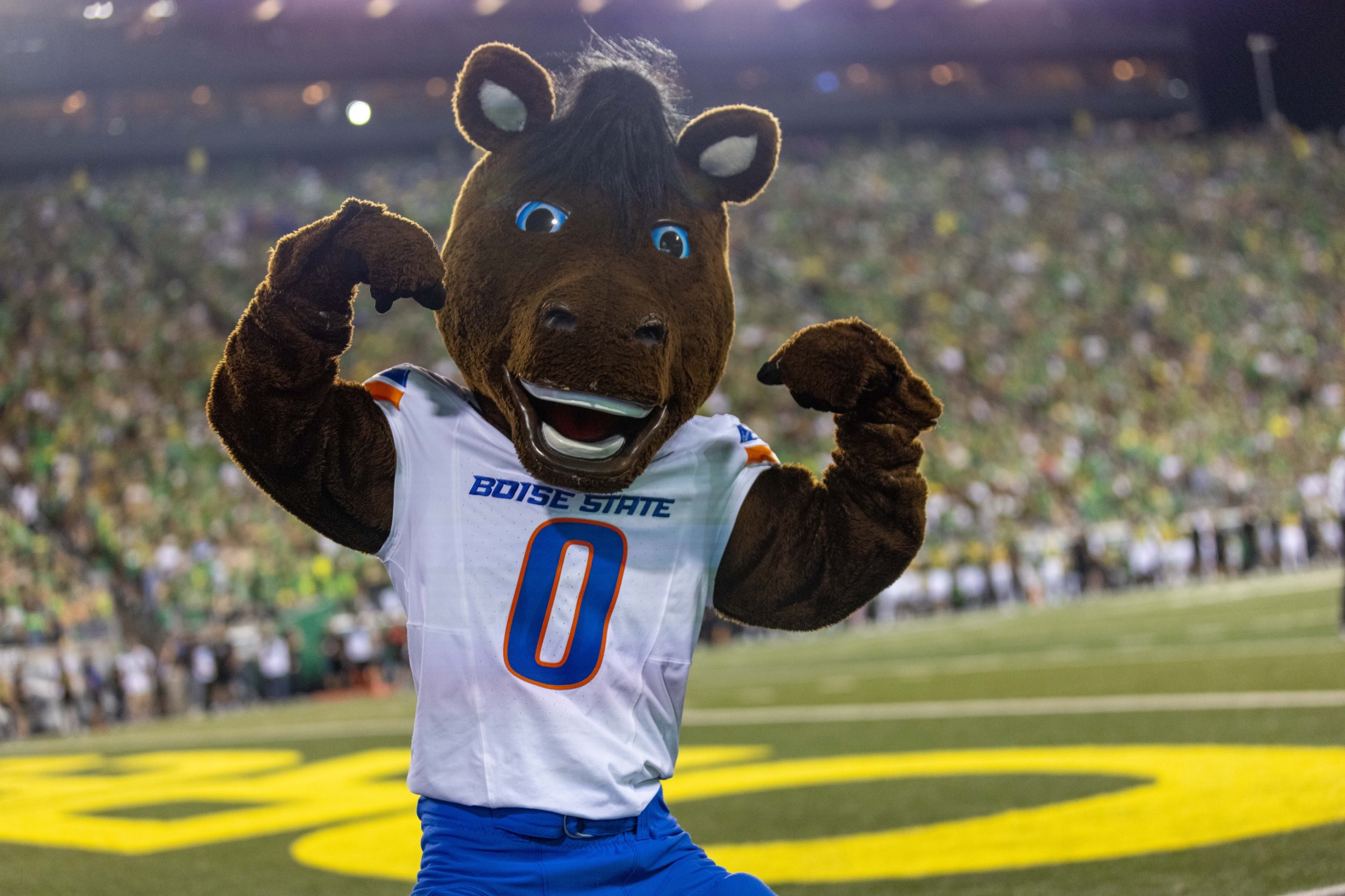 Buster the Boise State Broncos mascot cheers against the Oregon Ducks at Autzen Stadium