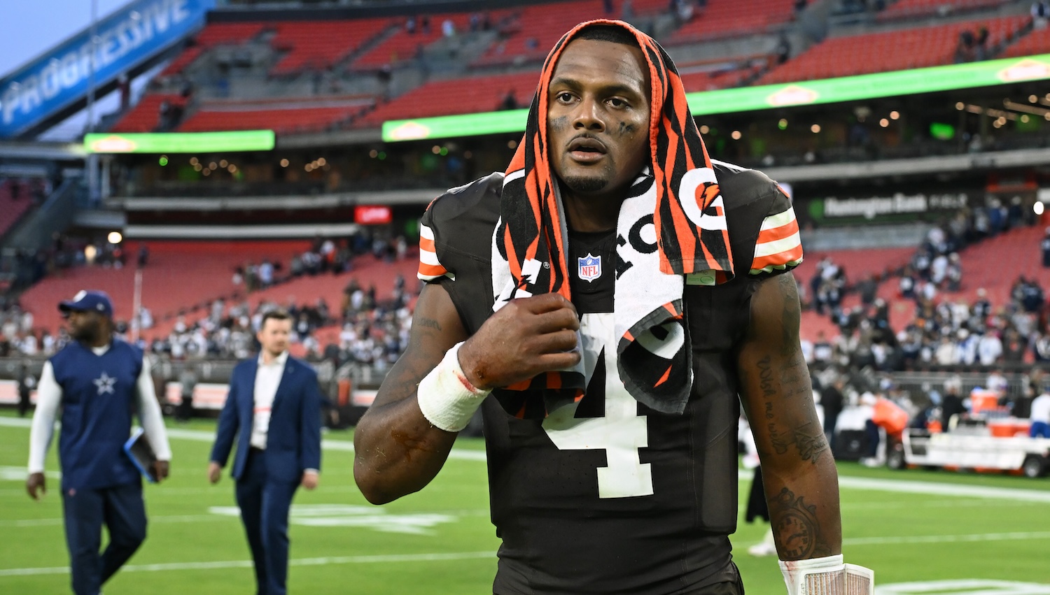 CLEVELAND, OHIO - SEPTEMBER 08: Deshaun Watson #4 of the Cleveland Browns looks on after the game against the Dallas Cowboys at Cleveland Browns Stadium on September 08, 2024 in Cleveland, Ohio. The Cowboys defeated the Browns 33-17. (Photo by Nick Cammett/Getty Images)