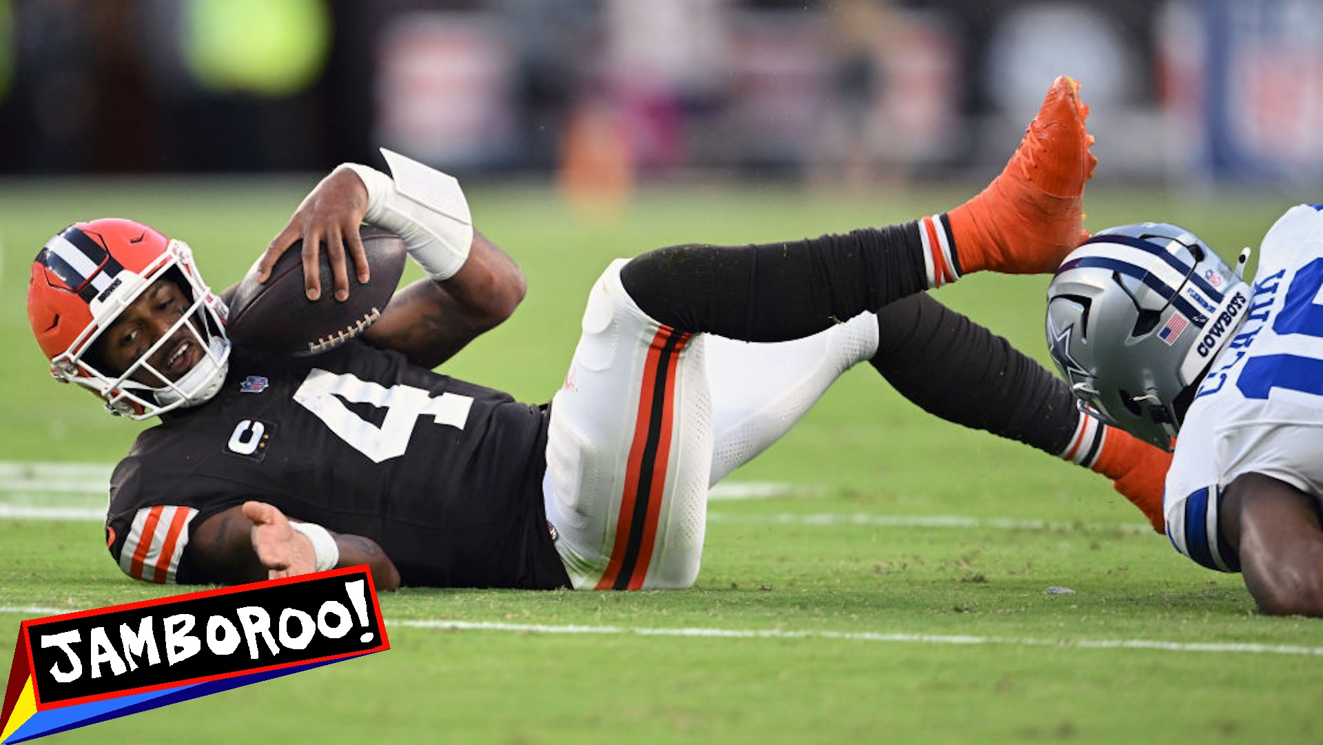 Deshaun Watson #4 of the Cleveland Browns is tackled by Damone Clark #18 of the Dallas Cowboys during the second half at Cleveland Browns Stadium on September 08, 2024 in Cleveland, Ohio.