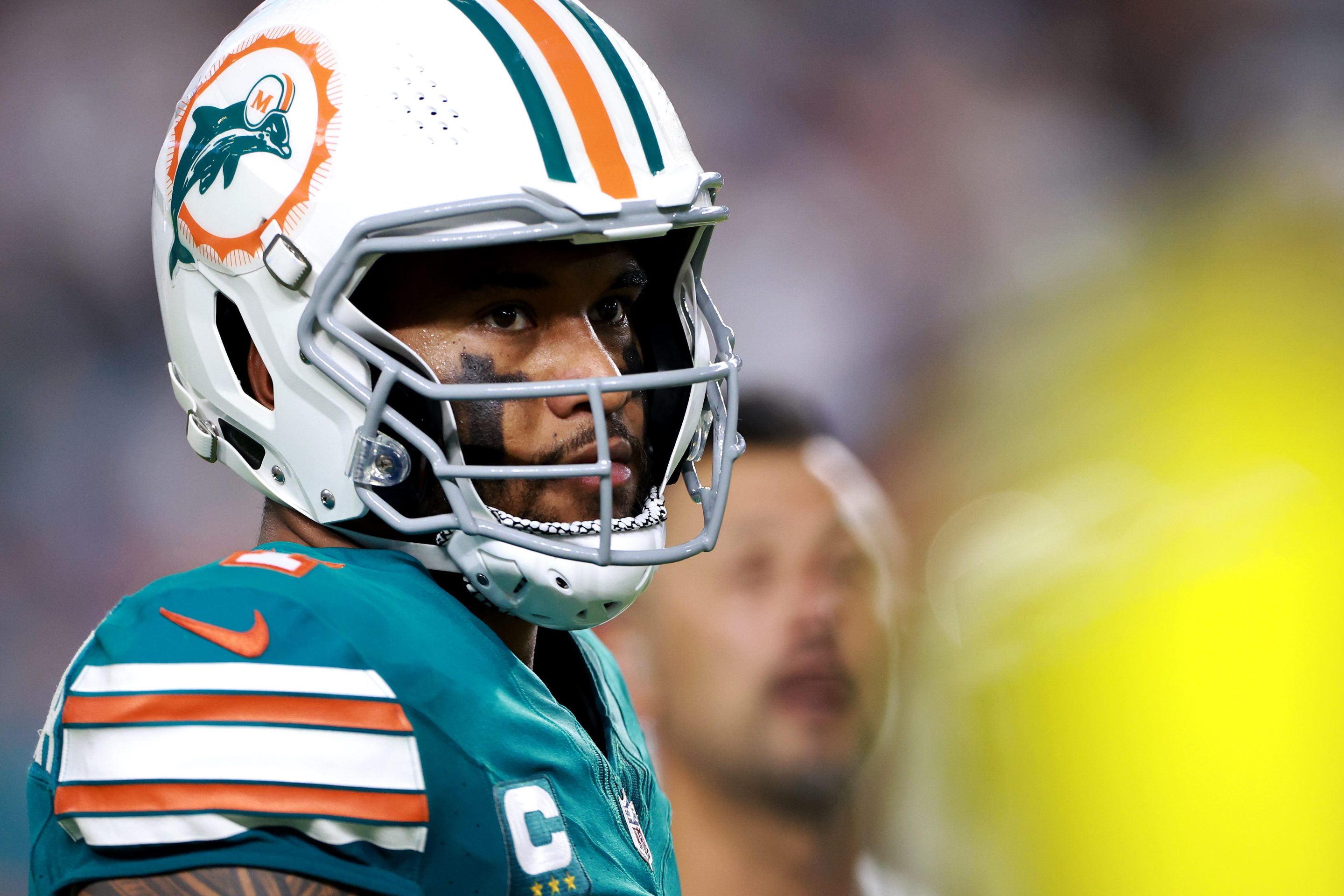 Tua Tagovailoa #1 of the Miami Dolphins looks on against the Buffalo Bills during the third quarter in the game at Hard Rock Stadium on September 12, 2024 in Miami Gardens, Florida.