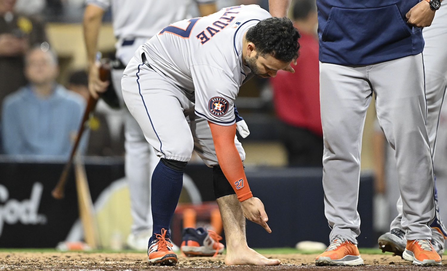 SAN DIEGO, CA - SEPTEMBER 17: Jose Altuve #27 of the Houston Astros points to his foot after grounding out during the ninth inning of a baseball game against the San Diego Padres at Petco Park on September 17, 2024 in San Diego, California. (Photo by Denis Poroy/Getty Images)