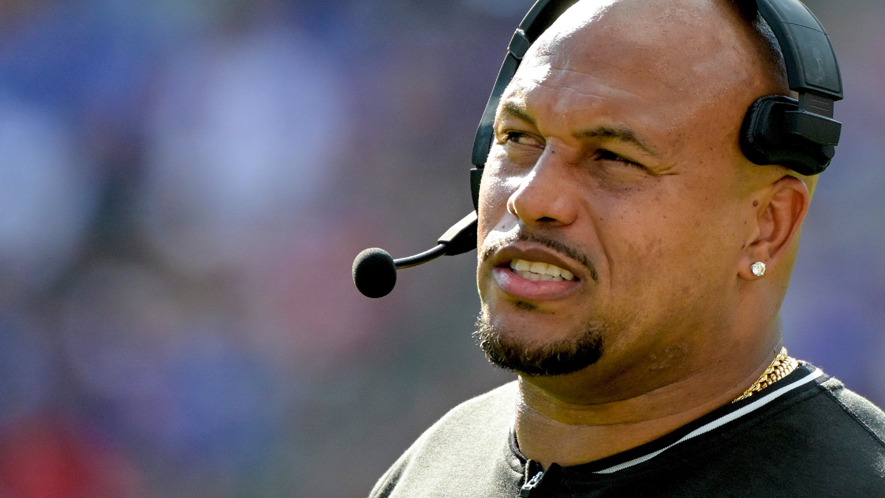 Las Vegas Raiders head coach Antonio Pierce walks on the sidelines during the NFL game between the Las Vegas Raiders and the Baltimore Ravens.