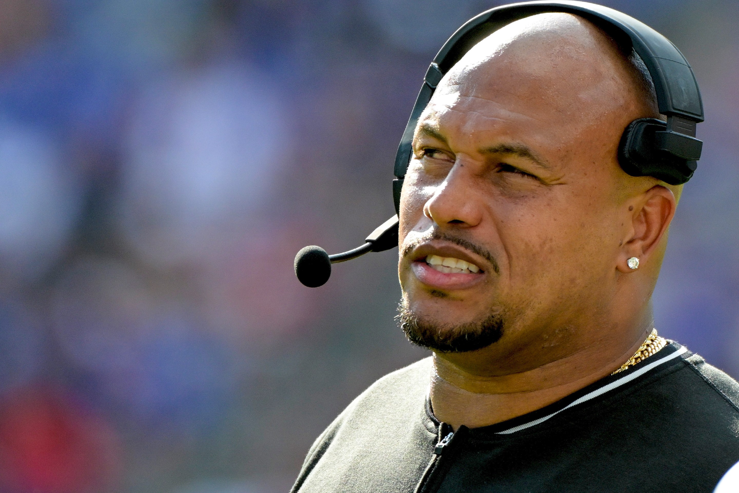 Las Vegas Raiders head coach Antonio Pierce walks on the sidelines during the NFL game between the Las Vegas Raiders and the Baltimore Ravens.