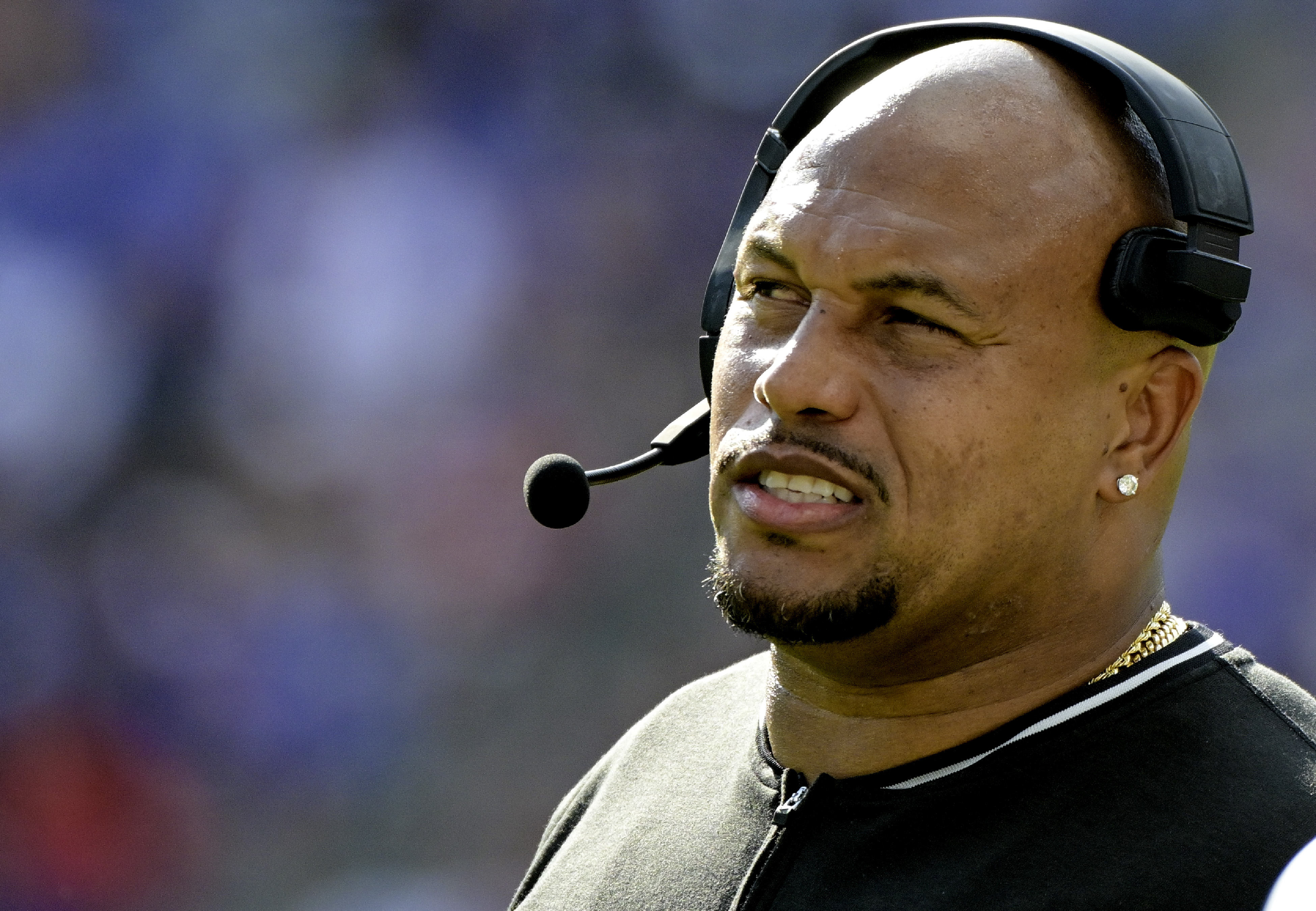 Las Vegas Raiders head coach Antonio Pierce walks on the sidelines during the NFL game between the Las Vegas Raiders and the Baltimore Ravens.