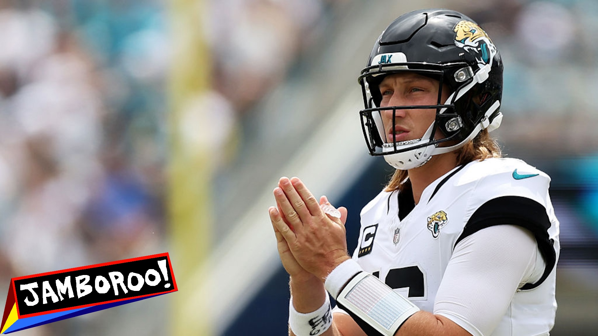 Trevor Lawrence #16 of the Jacksonville Jaguars reacts during the second quarter against the Cleveland Browns at TrEver Bank Stadium on September 15, 2024 in Jacksonville, Florida.