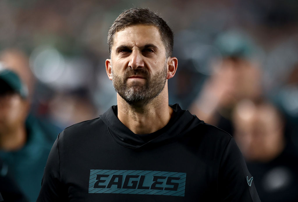 Head coach Nick Sirianni of the Philadelphia Eagles walks off the field against the Atlanta Falcons at the end of the first half in the game at Lincoln Financial Field on September 16, 2024 in Philadelphia, Pennsylvania.