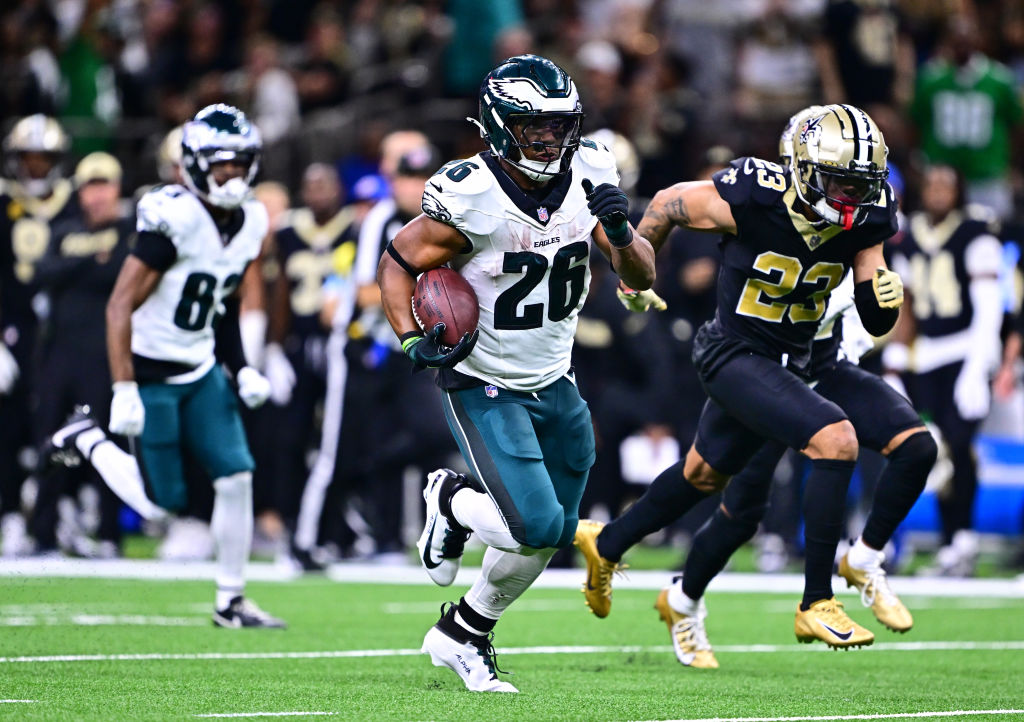 Philadelphia Eagles running back Saquon Barkley runs for a touchdown against the New Orleans Saints on September 22, 2024 at the Superdome.