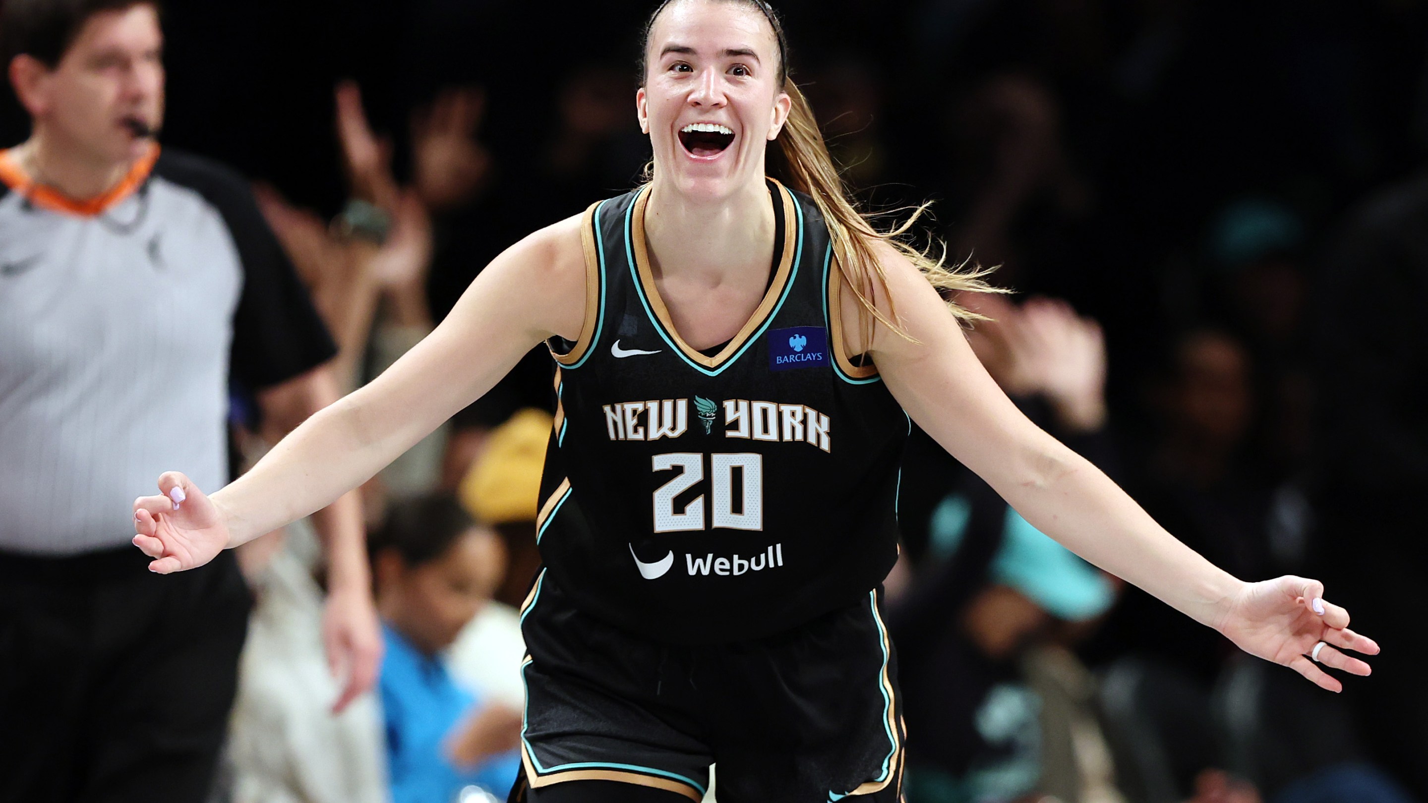 Sabrina Ionescu #20 of the New York Liberty reacts during the second half against the Atlanta Dream in Game Two of Round One of the WNBA Playoffs at Barclays Center on September 24, 2024 in the Brooklyn borough of New York City. The Liberty won 91-82.