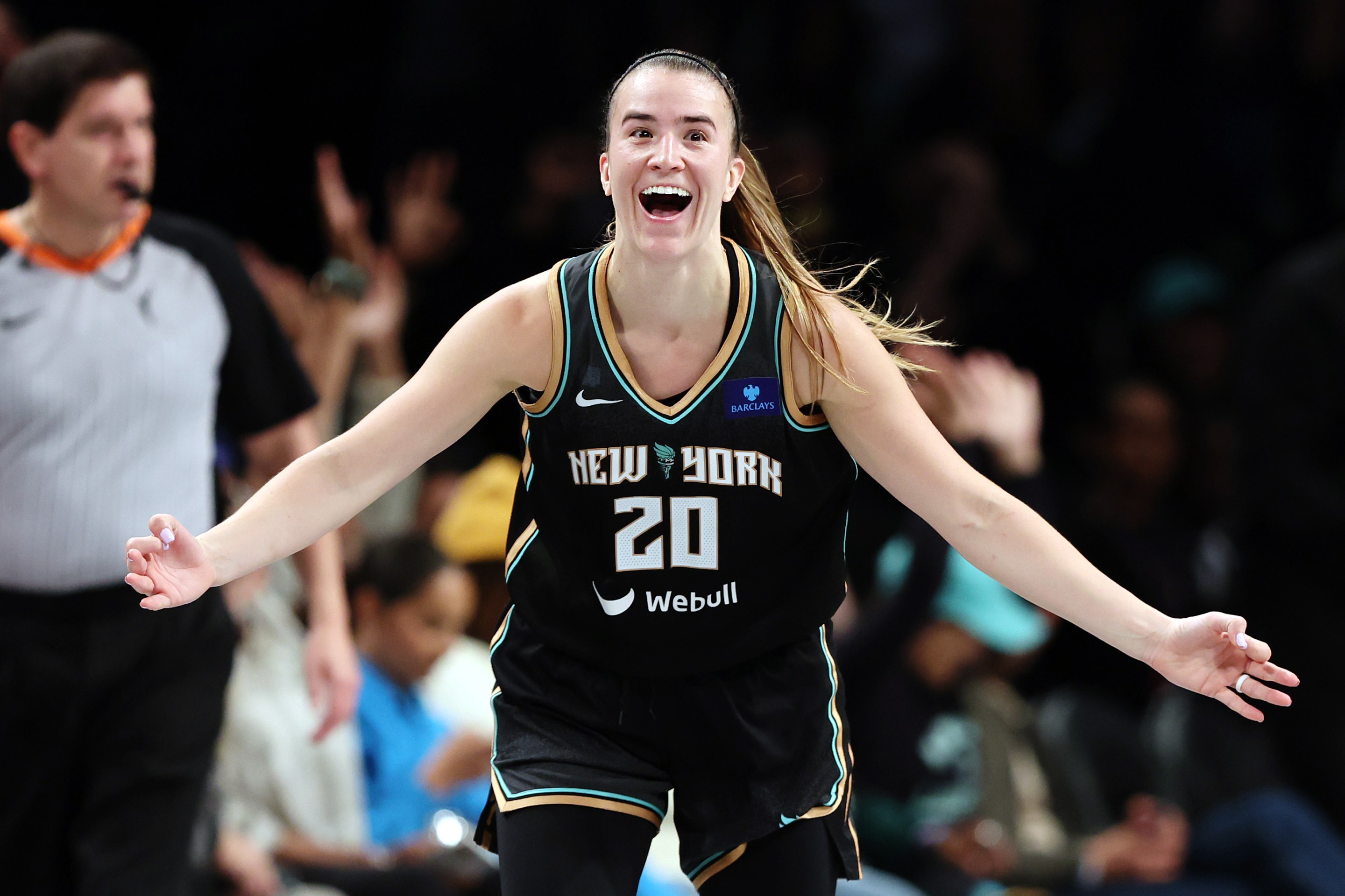 Sabrina Ionescu #20 of the New York Liberty reacts during the second half against the Atlanta Dream in Game Two of Round One of the WNBA Playoffs at Barclays Center on September 24, 2024 in the Brooklyn borough of New York City. The Liberty won 91-82.