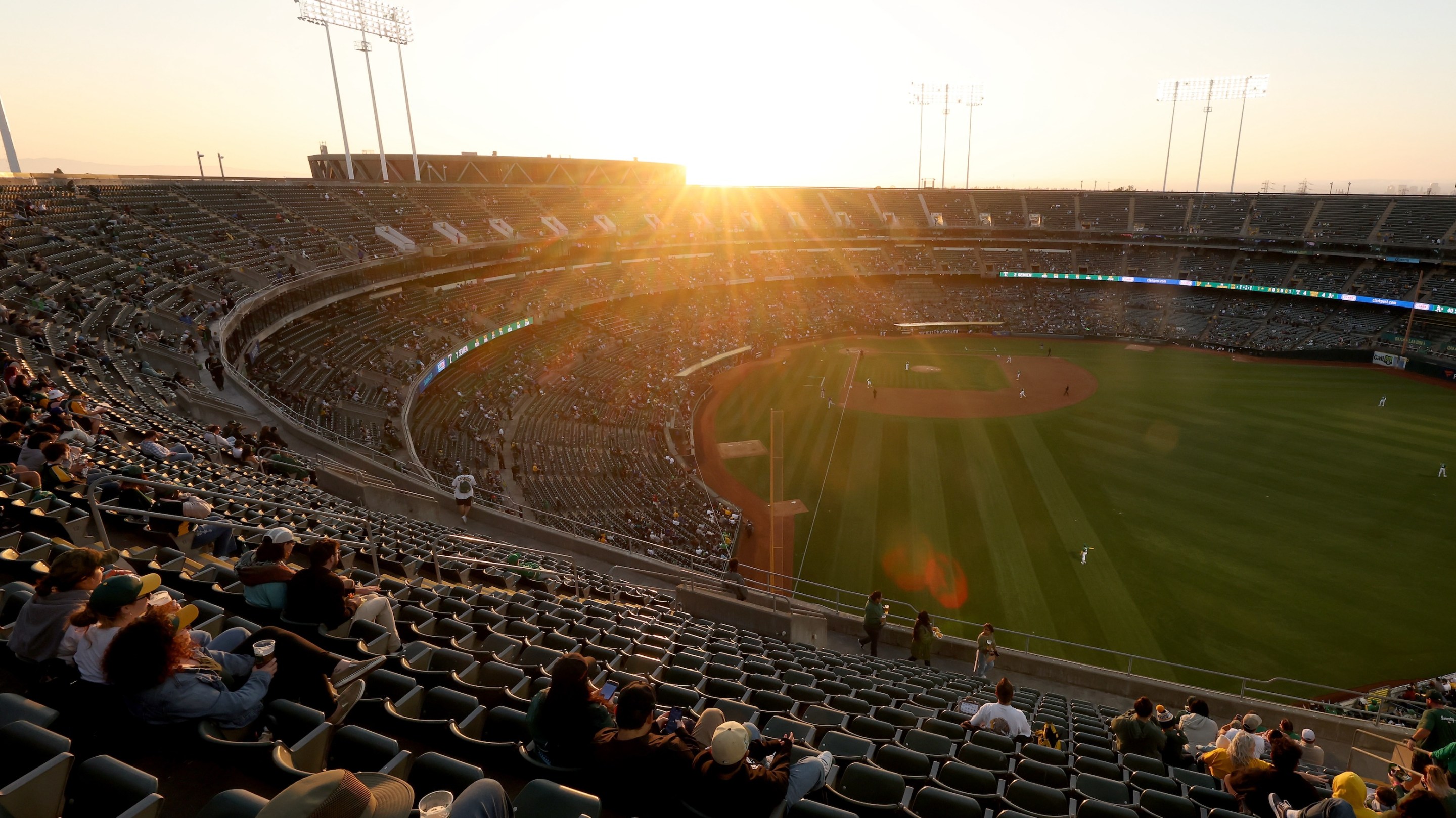 A general view of the Oakland Athletics playing against the Texas Rangers at the Oakland Coliseum on September 24, 2024 in Oakland, California.