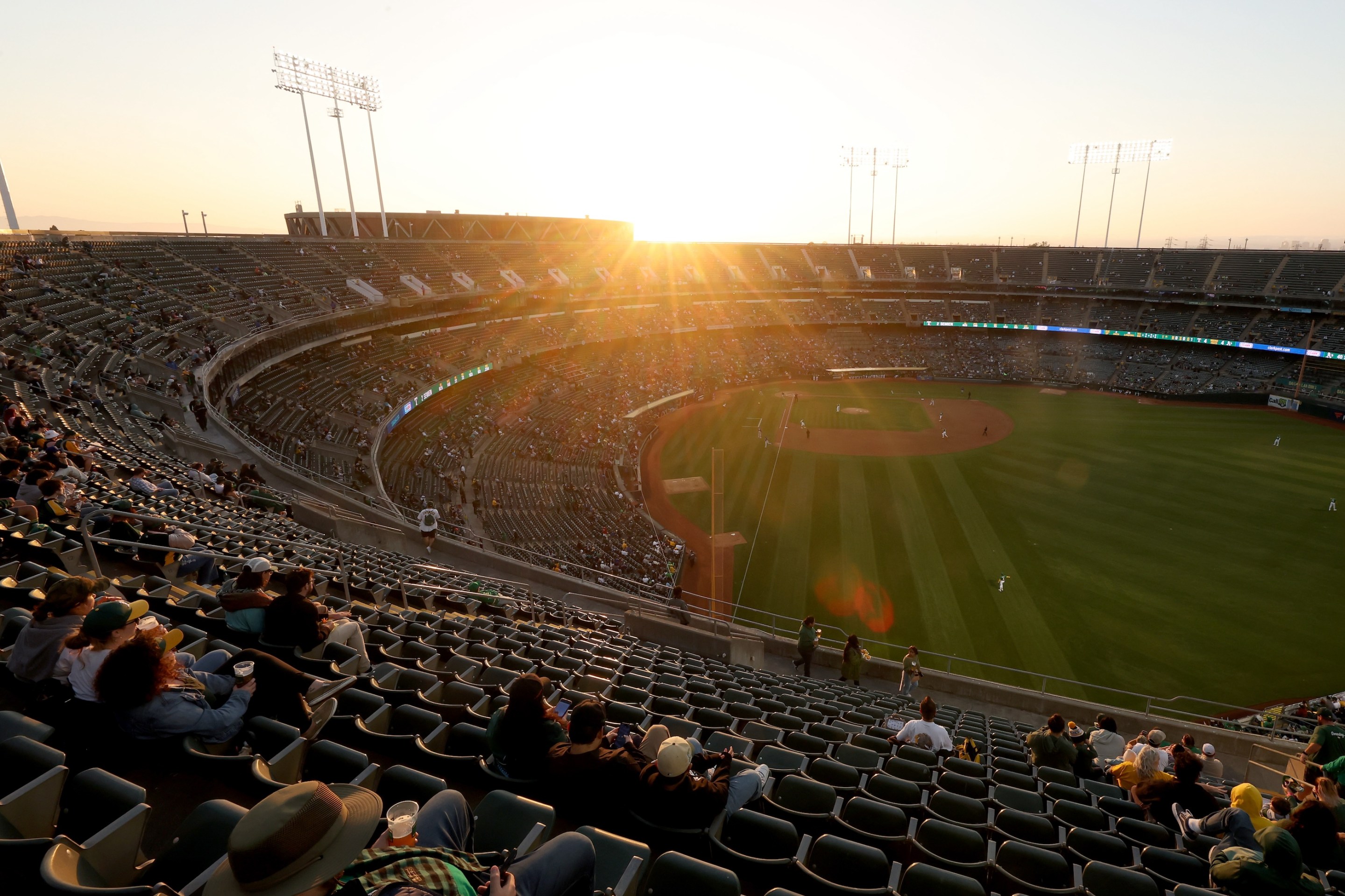 A general view of the Oakland Athletics playing against the Texas Rangers at the Oakland Coliseum on September 24, 2024 in Oakland, California.