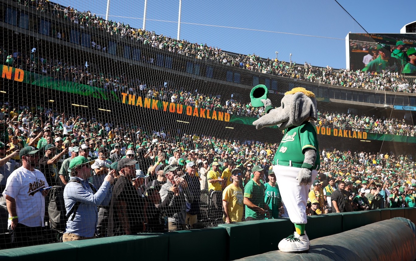 OAKLAND, CALIFORNIA - SEPTEMBER 26: The Oakland Athletics mascot, Stomper, waves to the crowd after the Oakland Athletics beat the Texas Rangers at the Oakland Coliseum on September 26, 2024 in Oakland, California. Today will be the final Athletics game played at the Coliseum. (Photo by Ezra Shaw/Getty Images)