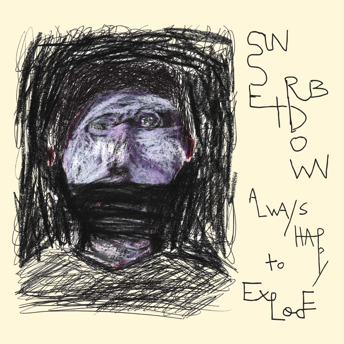 The album cover for Sunset Rubdown's Always Happy To Explode; there is an abstract purple human head encircled by black squiggles