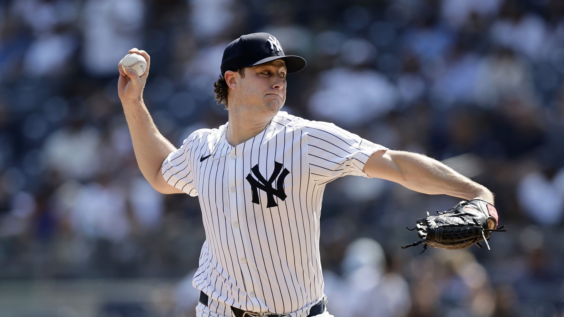 Gerrit Cole #45 of the New York Yankees pitches during the first inning against the Boston Red Sox.