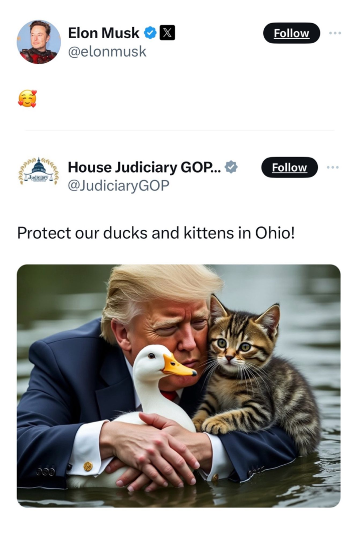 A screenshot of Elon Musk quote-tweeting, with the requisite three ROFL emojis, a post from the GOP House Judiciary Committee's official Twitter account featuring a CGI-generated image of a ruddy Trump protecting a kitten and a duck while chest-deep in a pond.