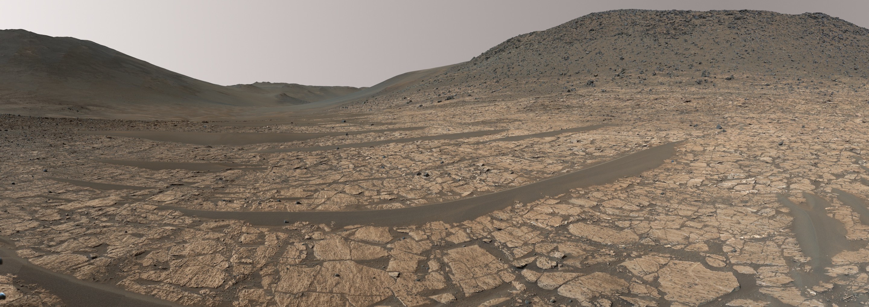 A wide view of the desolate Martian landscape, captured by the Perseverance rover.