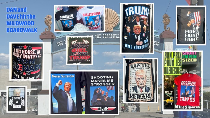 A collage of the different Trump shirts for sale on the Wildwood boardwalk—a few of which feature the image of Trump pumping his fist after getting shot in the ear, others featuring his mugshot from when he was indicted in Georgia, and one with that mugshot image and two thumbs above the legend "Needs A Beer" One of these images has a sign, in French, advertising special pricing for Quebecois customers.