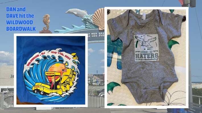 A collage featuring images of Trump driving the famous yellow Wildwood boardwalk tram and the Fueled By Haters Eagles onesie that Dan bought for his son.