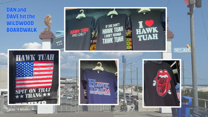 A collage of the various Hawk Tuah-themed t-shirts for sale, one along the Reagan/Bush campaign logo, one ripping off the Rolling Stones tongue logo, and others that are just whatever—Hawk Tuah Spit On That Thang around an American flag,, one that says Hawk Tuah And Chill, etc.