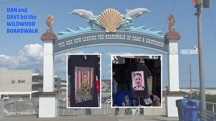 The end of the Wildwood Boardwalk, which bears the legend "You Are Now Leaving The Boardwalk Of Fame & Success" with images of the front and back of a t-shirt featuring Luke Bryan's face.