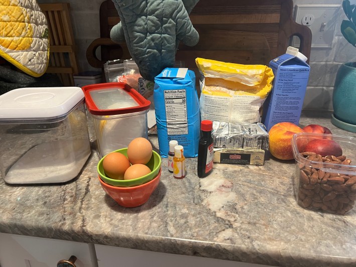 Baking ingredients spread on a counter.