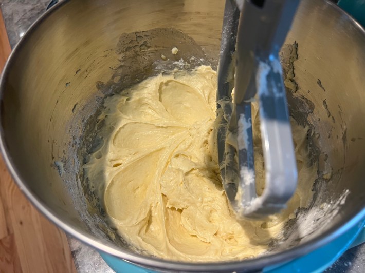 Cake batter in a stand mixer.