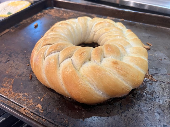 The baked weave bread, still very pale in color.