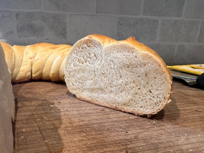 A view of the inside of the bread, showing a dense structure.