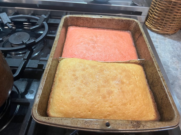 A baking dish with one pink and one white cake sponge, both burned around the edges.