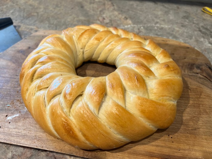 The weave bread after another few minutes in the oven, much more golden in color.