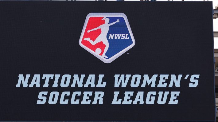 A general view of the National Womens Soccer League logo on the scoreboard during the first half of the NWSL soccer game between NJ/NY Gotham FC and San Diego Wave FC on June 19, 2022 at Red Bull Arena in Harrison, NJ.