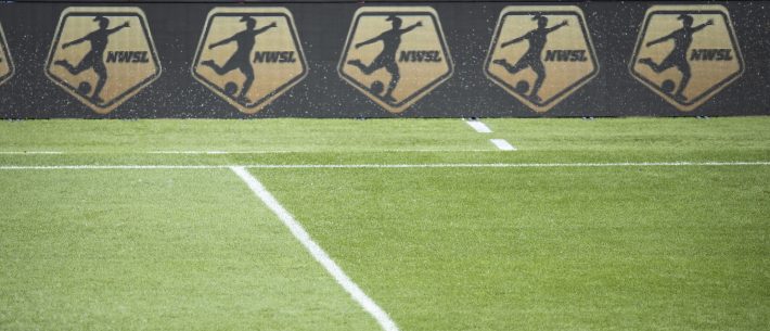 The digital signage shows the NWSL logo on it before the National Women's Soccer League match between NJ/NY Gotham FC and the Houston Dash at Red Bull Arena on July 31, 2022 in Harrison, New Jersey.