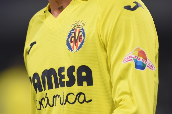 Close Up of Villarreal CF shirt during the Frendly match between SSC Napoli and Villarreal CF at Stadio Diego Armando Maradona Naples Italy on 17 December 2022. Color Star's logo is clearly visible on the left shoulder.