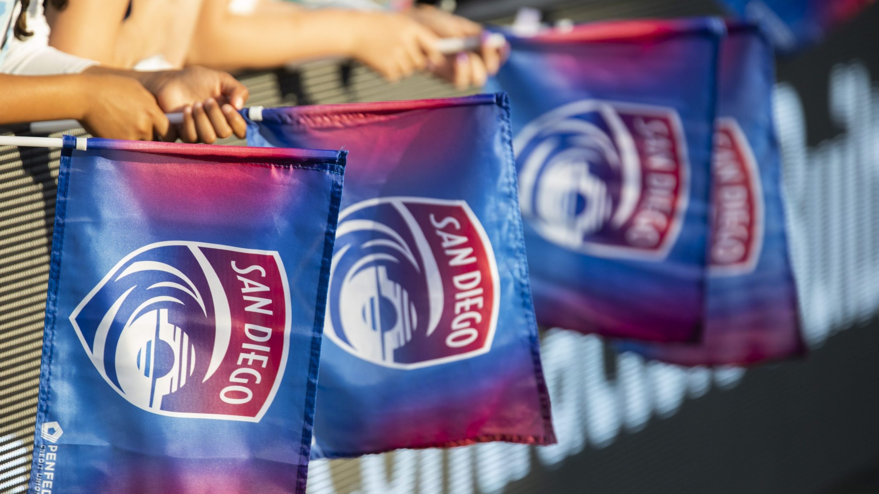 San Diego Wave flags during the NWSL match between the San Diego Wave FC and the Portland Thorns on May 26, 2023, at Snapdragon Stadium in San Diego, CA.