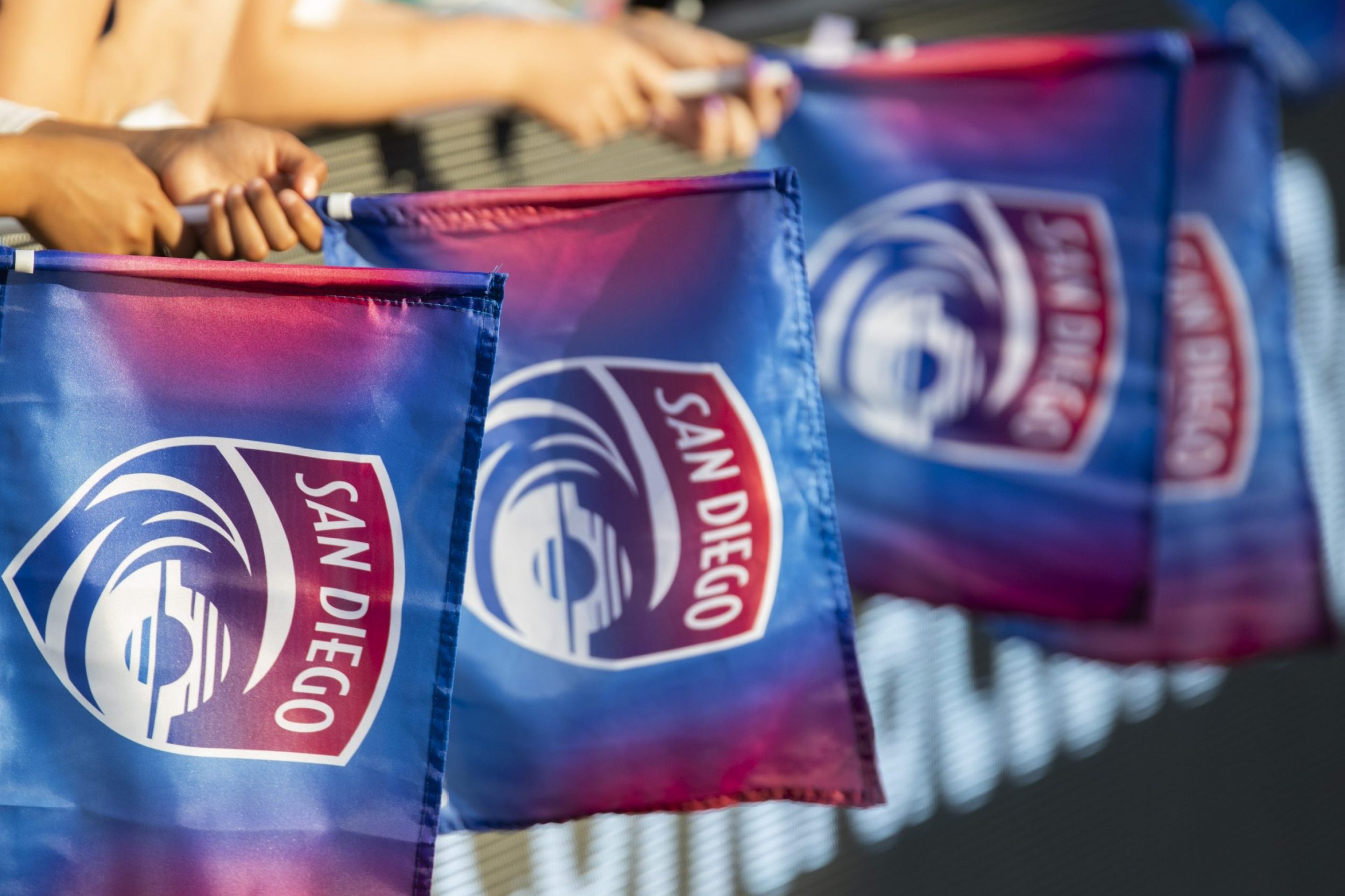 San Diego Wave flags during the NWSL match between the San Diego Wave FC and the Portland Thorns on May 26, 2023, at Snapdragon Stadium in San Diego, CA.