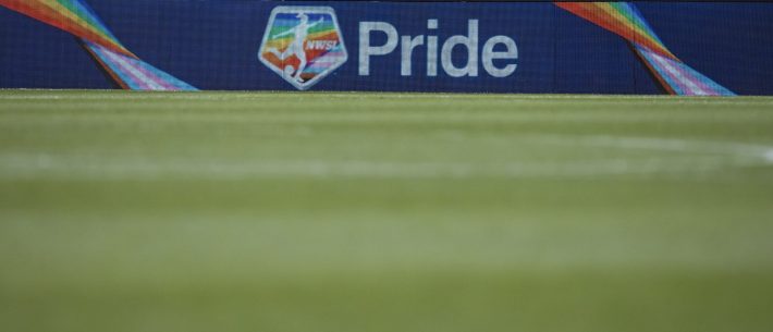 A digital signage board has the NWSL logo with the word Pride during the Pride Night National Women's Soccer League match between NJ/NY Gotham FC and San Diego Wave at Red Bull Arena on June 4, 2023 in Harrison, New Jersey.