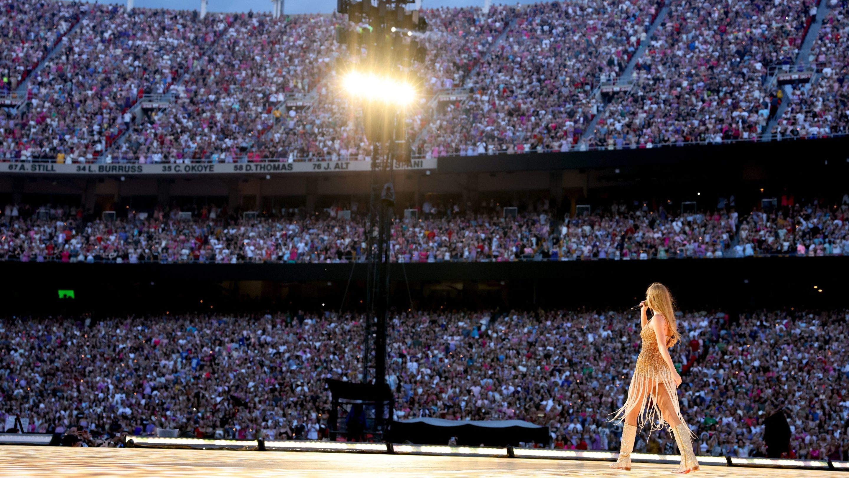 Taylor Swift performs onstage for night one of Taylor Swift | The Eras Tour at GEHA Field at Arrowhead Stadium on July 07, 2023 in Kansas City, Missouri.