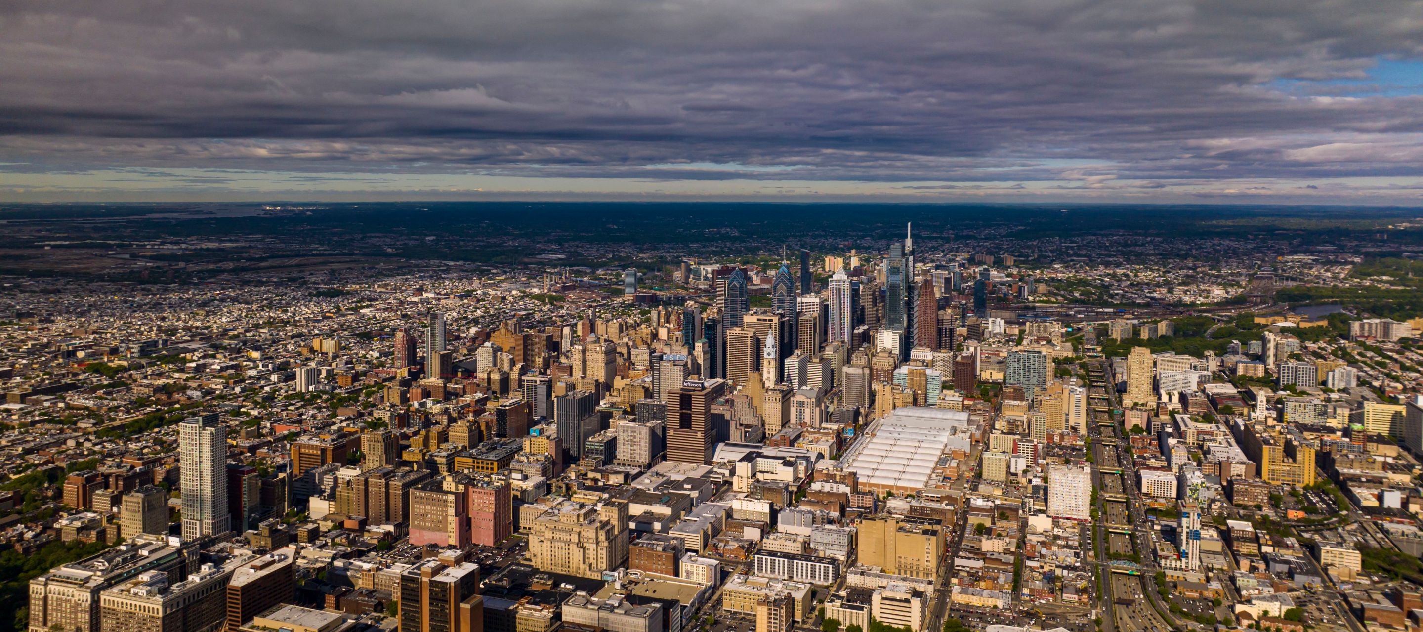 Philadelphia skyline with white puffy clouds focusing on William Penn Statue Broad Street area, Pennsylvania. (Photo by: Visions of America/Joseph Sohm/Universal Images Group via Getty Images)