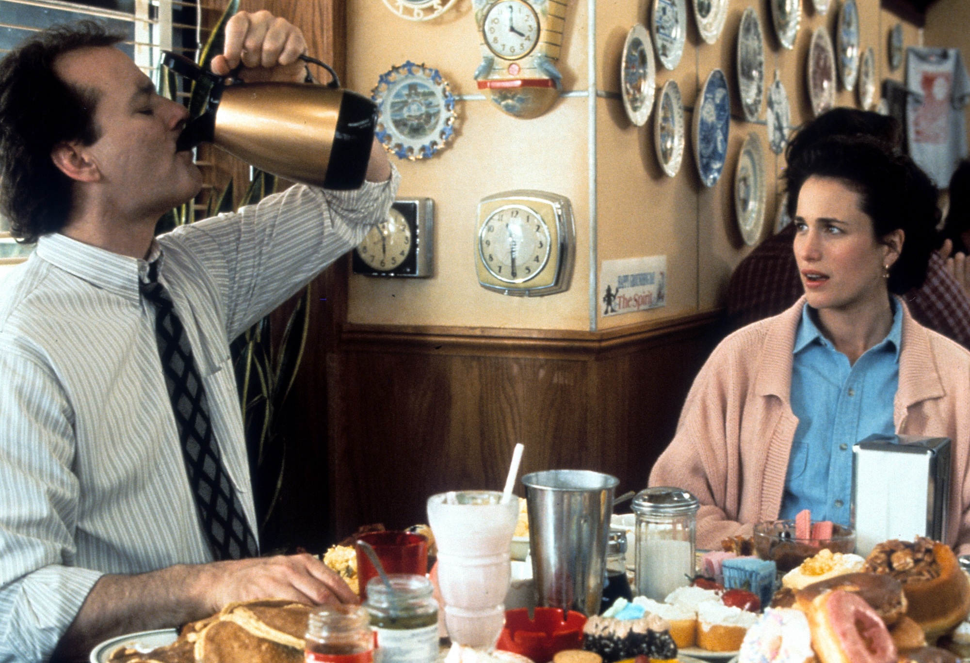 Bill Murray and Andie MacDowell in a scene from the film 'Groundhog Day', directed by Harold Ramis, 1993.