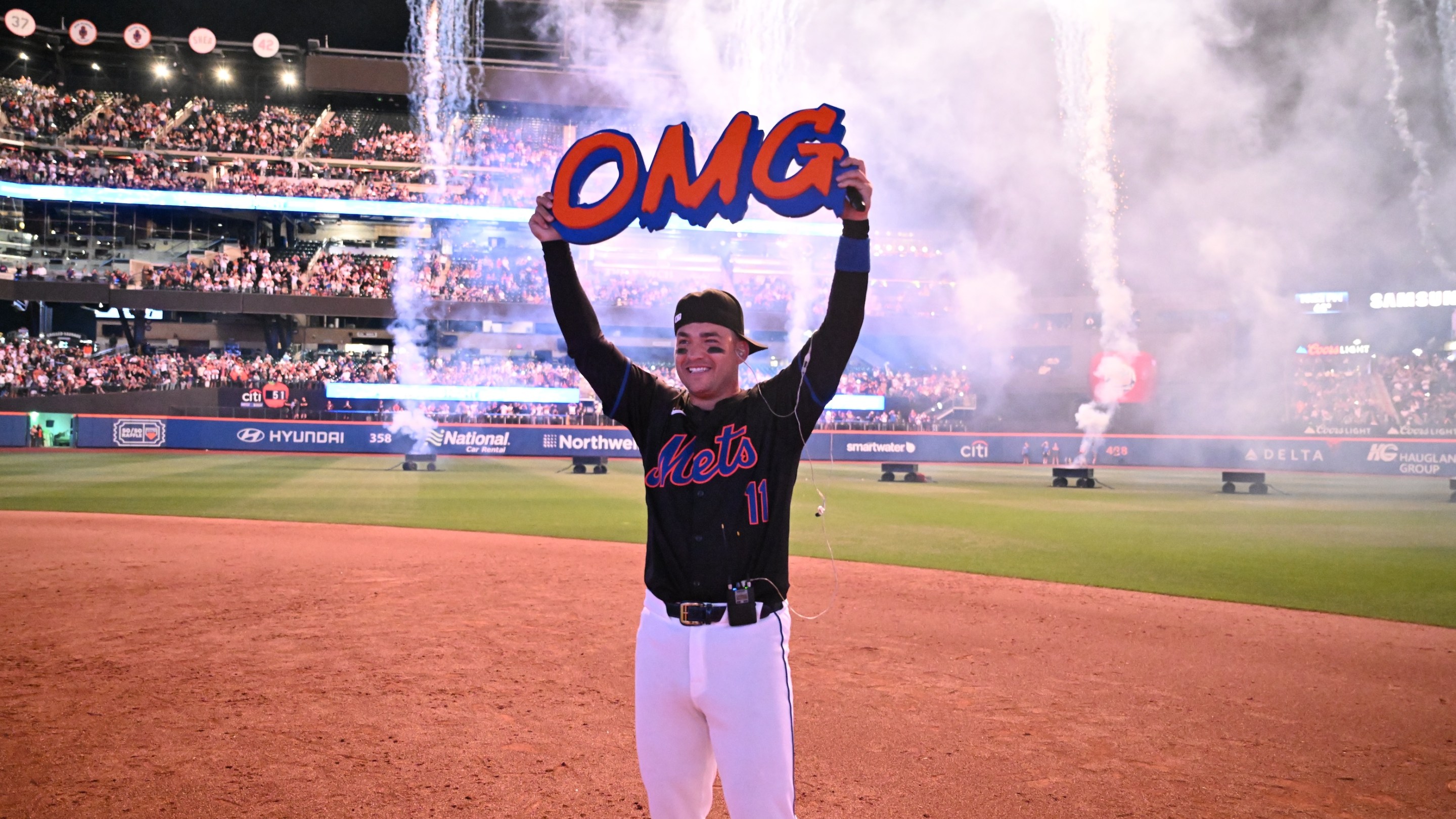 Jose Iglesias of New York Mets holds up a OMG sign after the game against the Houston Astros at Citi Field on June 28, 2024.