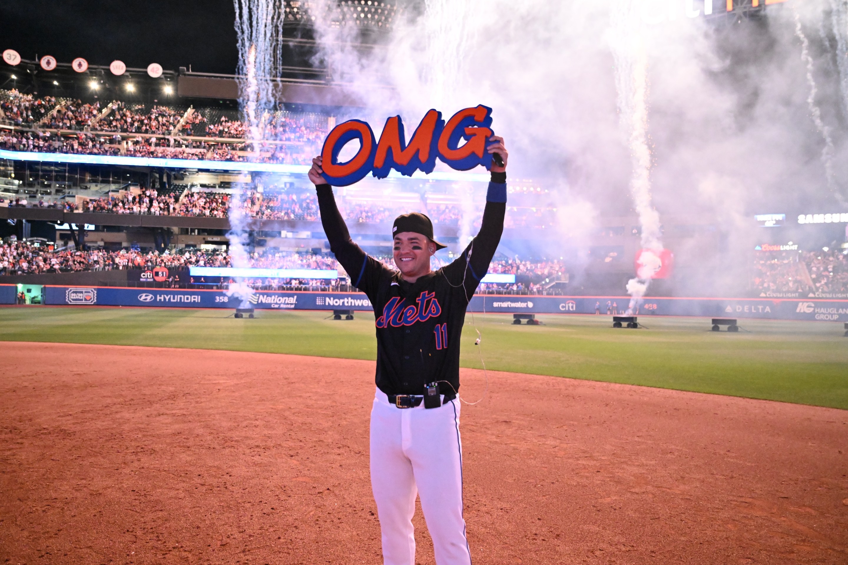 Jose Iglesias of New York Mets holds up a OMG sign after the game against the Houston Astros at Citi Field on June 28, 2024.