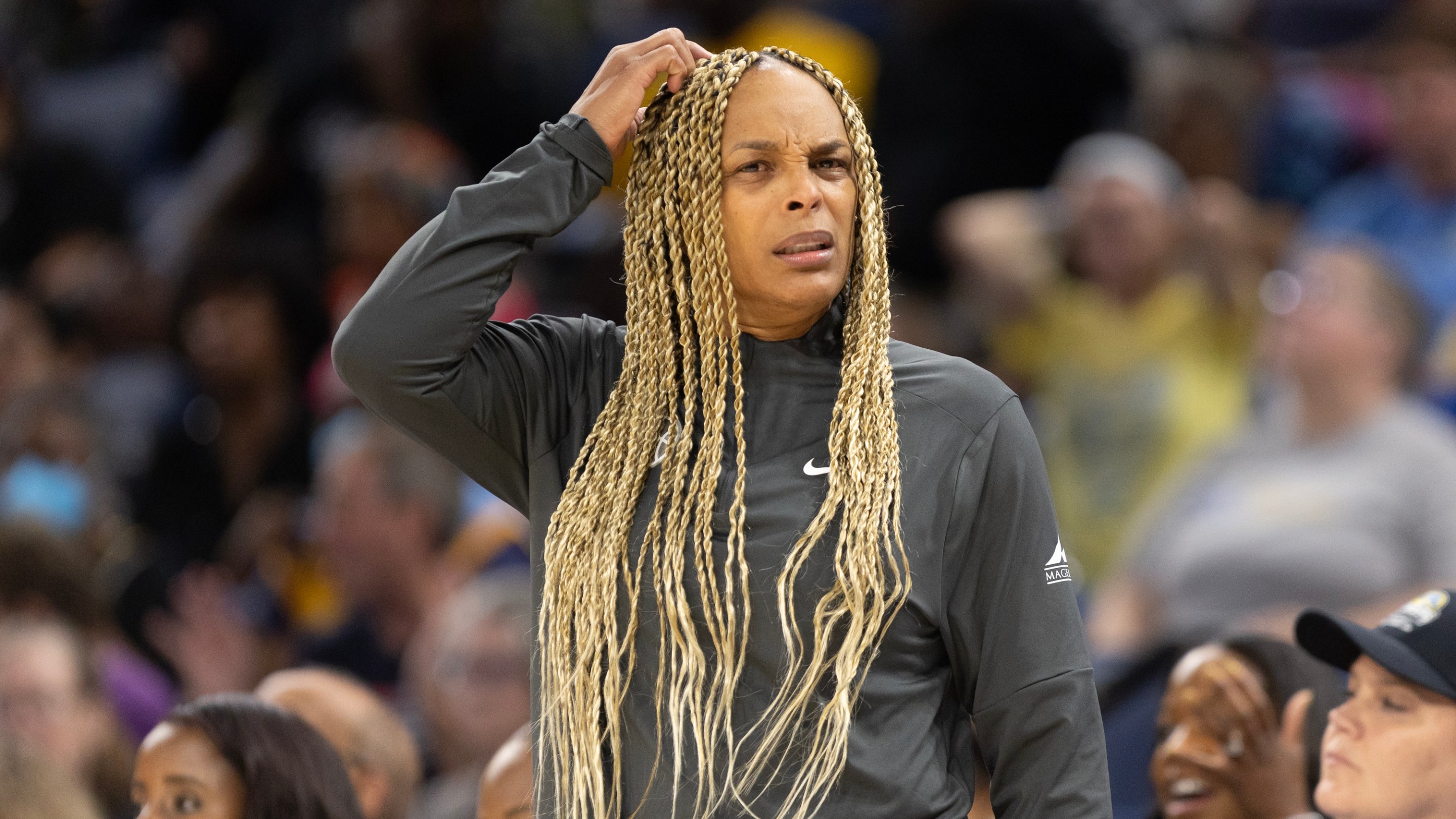 Head coach Teresa Weatherspoon of the Chicago Sky complains about a call against her team during the fourth quarter of a home basketball game against the Washington Mystics at Wintrust Arena on August 28, 2024 in Chicago, Illinois.