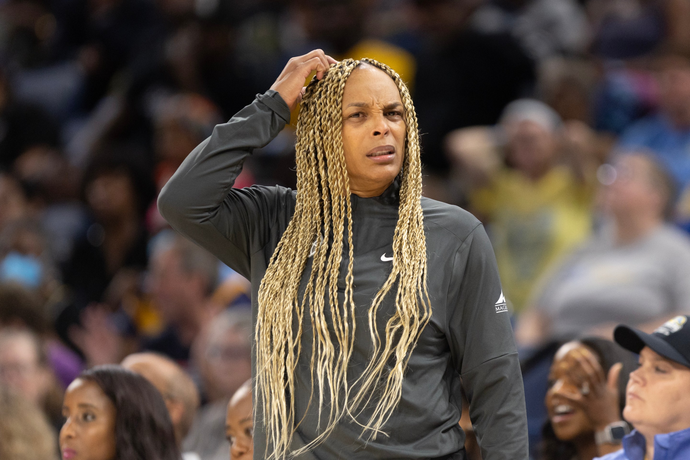 Head coach Teresa Weatherspoon of the Chicago Sky complains about a call against her team during the fourth quarter of a home basketball game against the Washington Mystics at Wintrust Arena on August 28, 2024 in Chicago, Illinois.