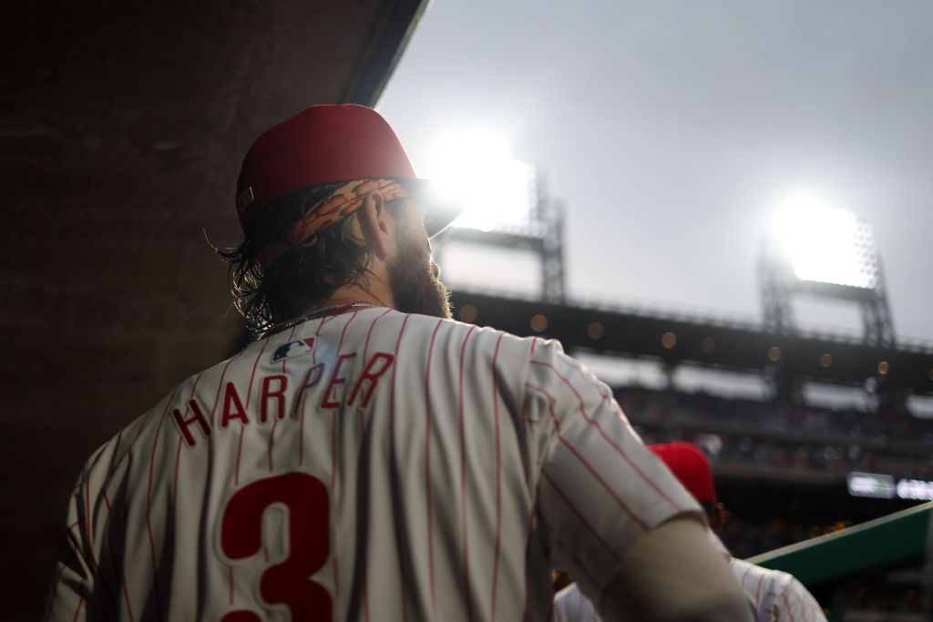 PHILADELPHIA, PA - SEPTEMBER 23:   Bryce Harper #3 of the Philadelphia Phillies looks on in the dugout prior to the game between the Chicago Cubs and the Philadelphia Phillies at Citizens Bank Park on Monday, September 23, 2024 in Philadelphia, Pennsylvania.